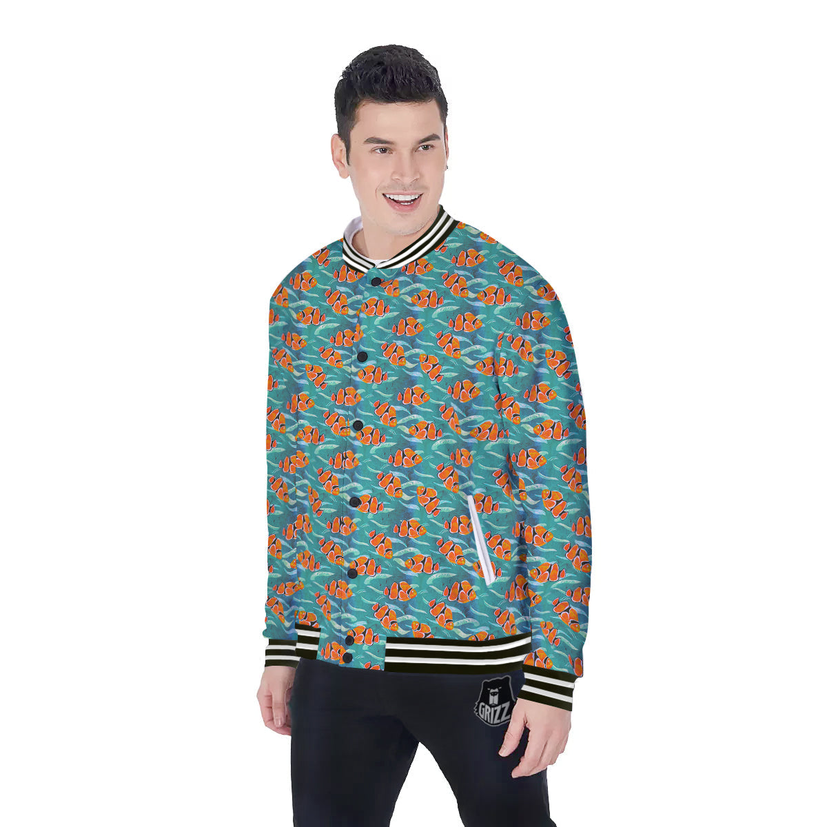 Clownfish Watercolor Blue Print Pattern Baseball Jacket-grizzshop