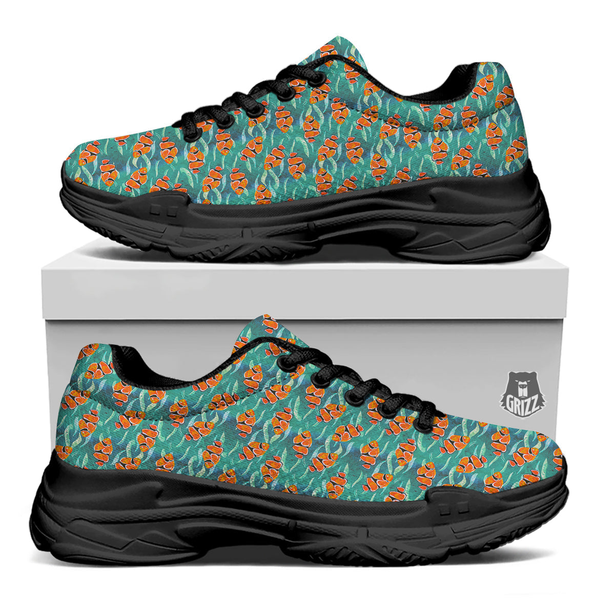 Clownfish Watercolor Blue Print Pattern Black Chunky Shoes-grizzshop