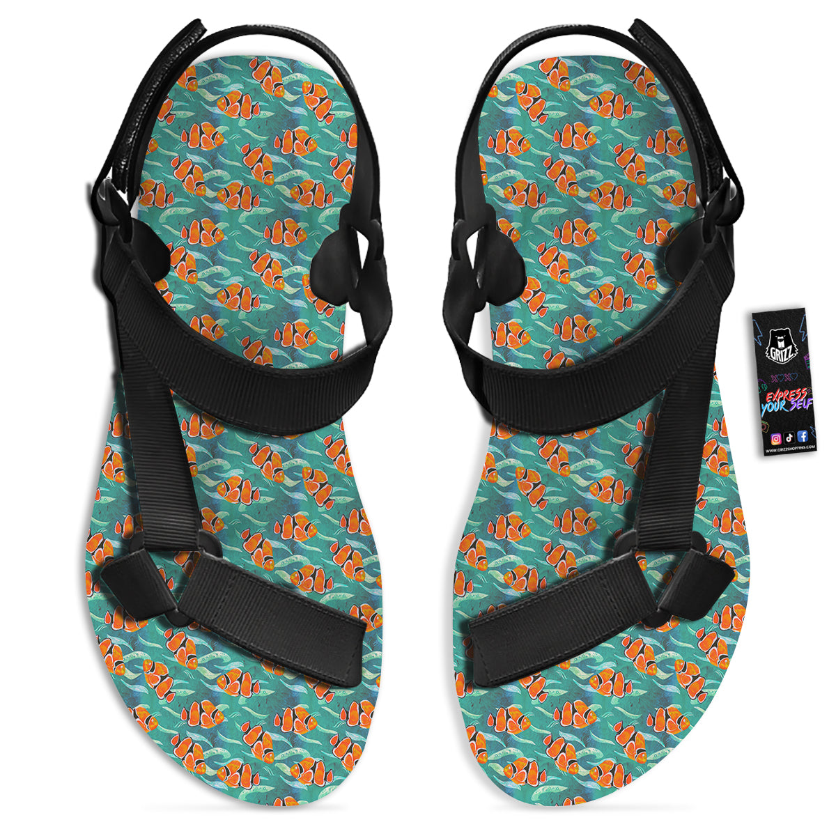 Clownfish Watercolor Blue Print Pattern Black Open Toe Sandals-grizzshop