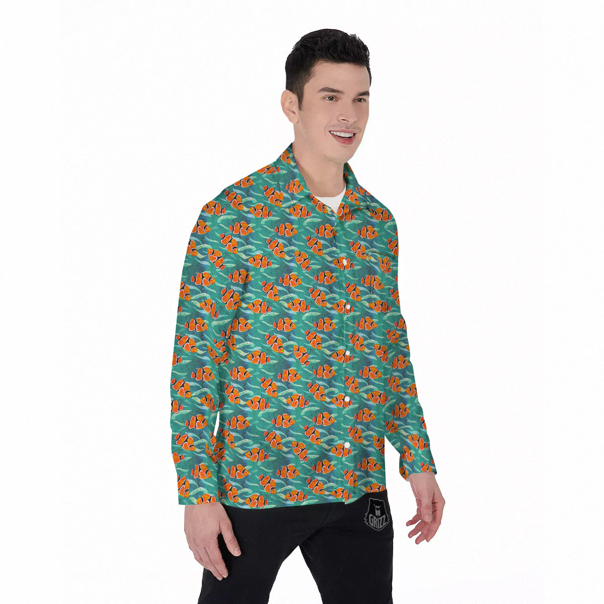 Clownfish Watercolor Blue Print Pattern Men's Long Sleeve Shirts-grizzshop