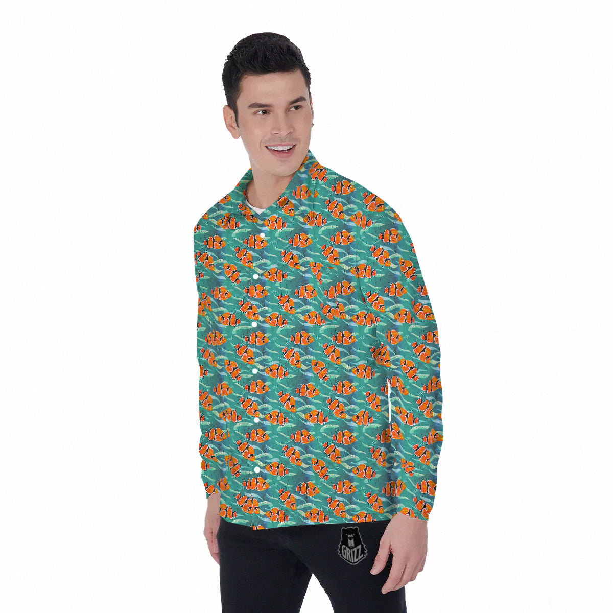 Clownfish Watercolor Blue Print Pattern Men's Long Sleeve Shirts-grizzshop