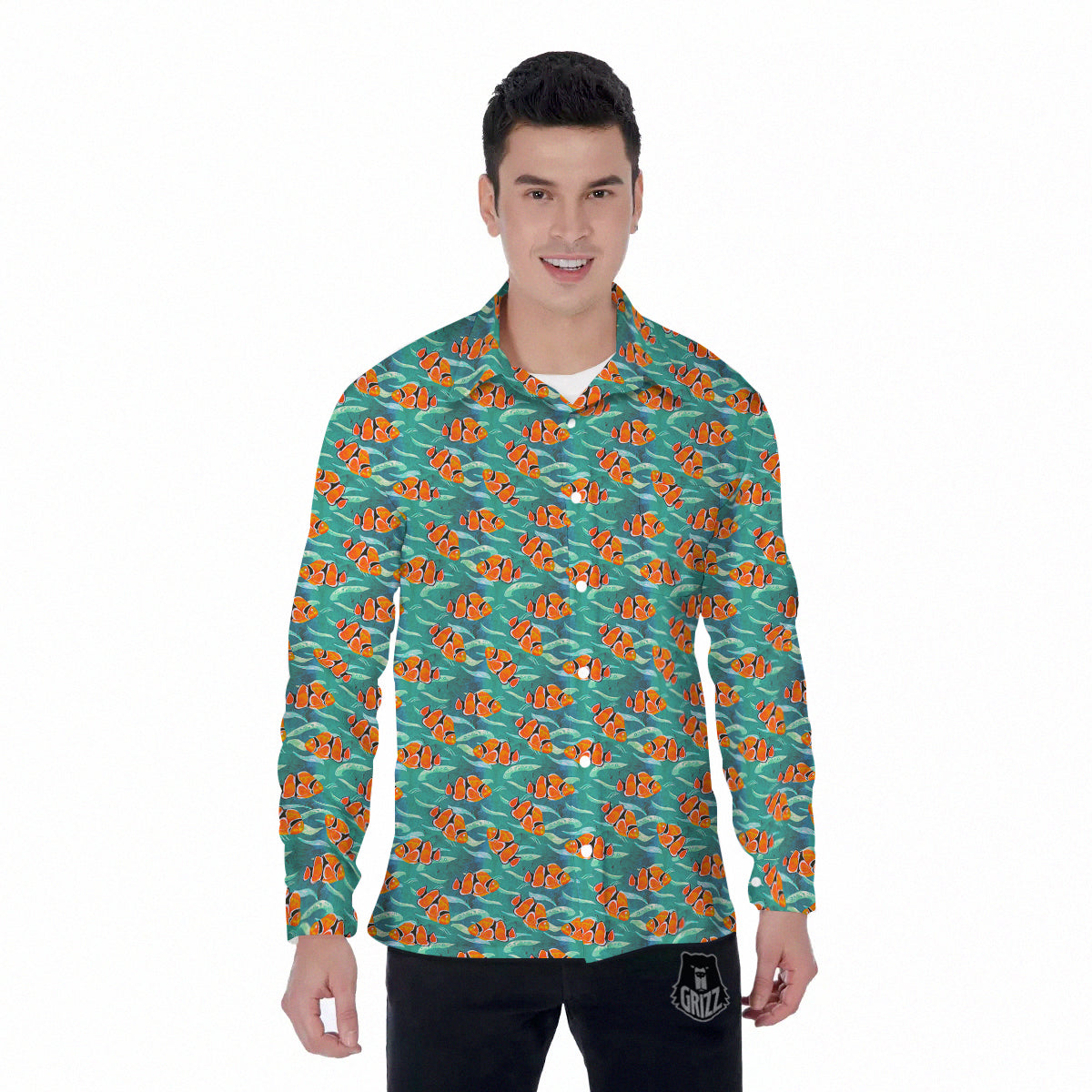 Clownfish Watercolor Blue Print Pattern Men's Long Sleeve Shirts-grizzshop