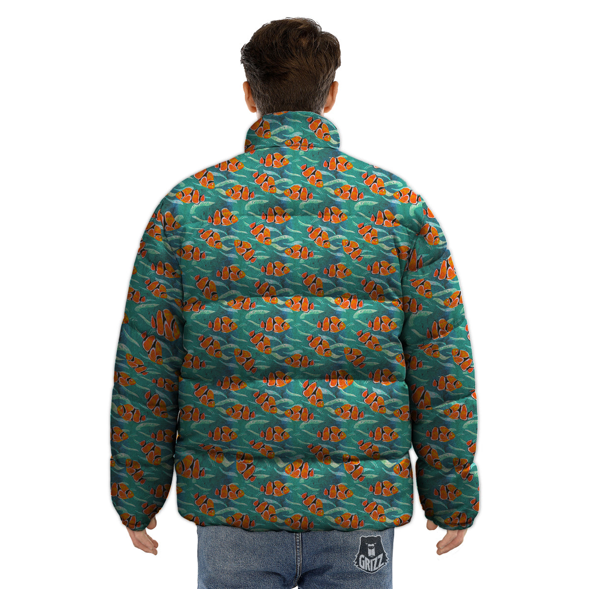 Clownfish Watercolor Blue Print Pattern Puffer Jacket-grizzshop