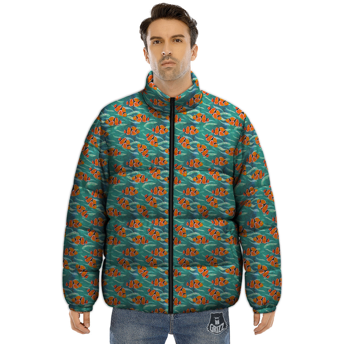 Clownfish Watercolor Blue Print Pattern Puffer Jacket-grizzshop