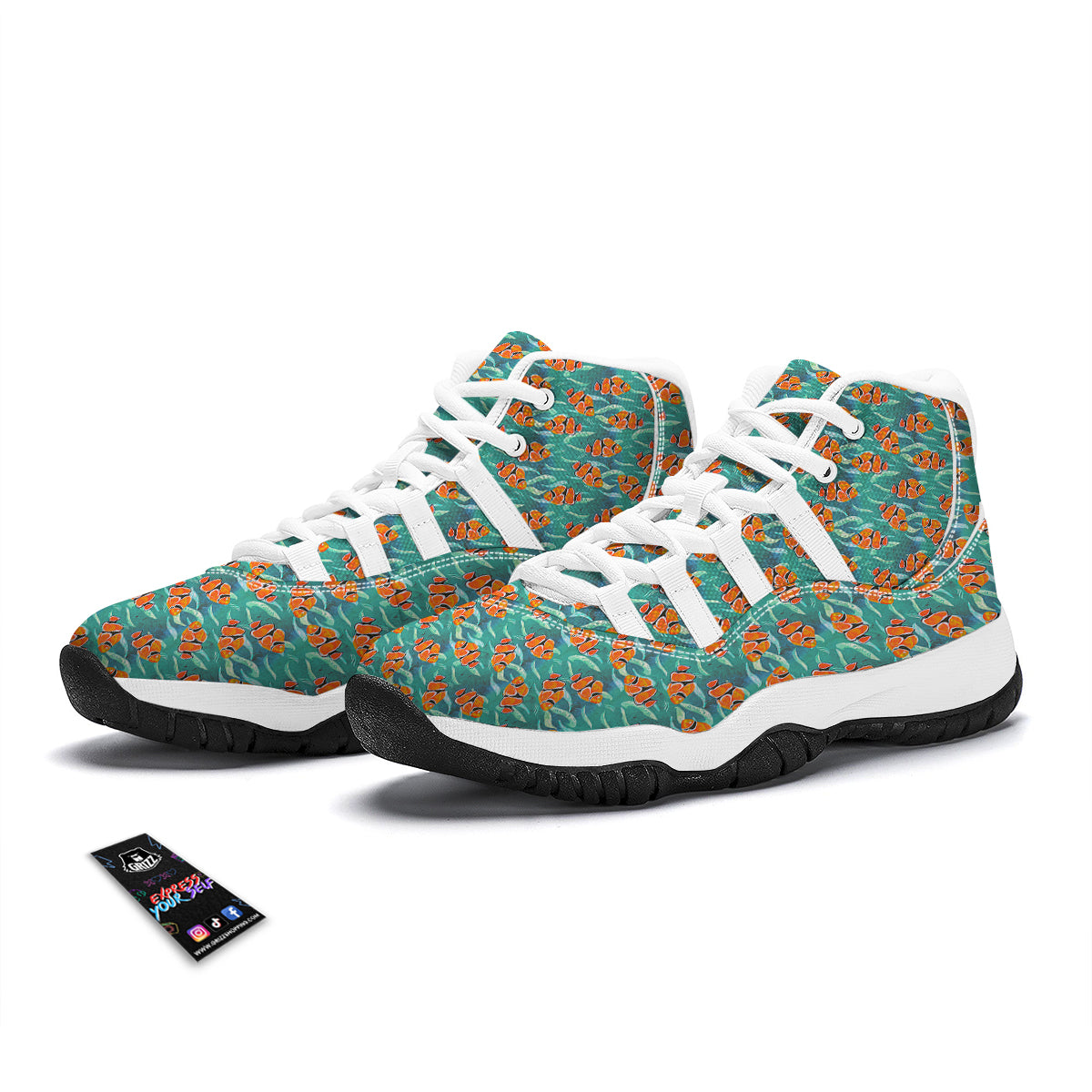 Clownfish Watercolor Blue Print Pattern White Bball Shoes-grizzshop