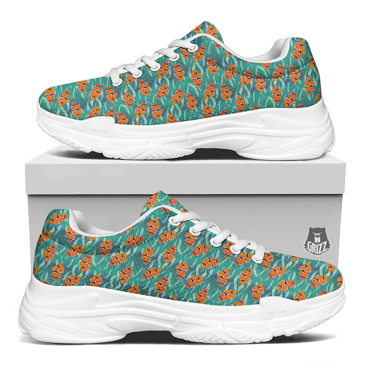 Clownfish Watercolor Blue Print Pattern White Chunky Shoes-grizzshop