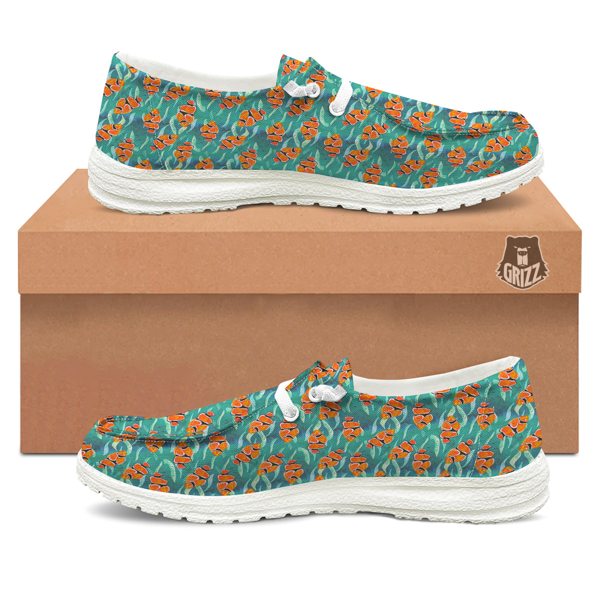 Clownfish Watercolor Blue Print Pattern White Loafers-grizzshop