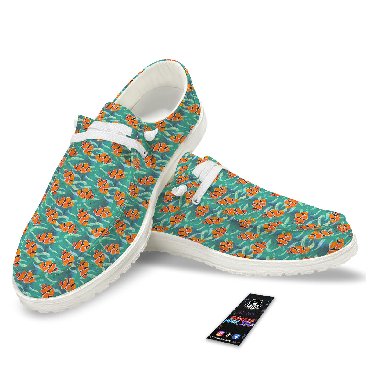 Clownfish Watercolor Blue Print Pattern White Loafers-grizzshop