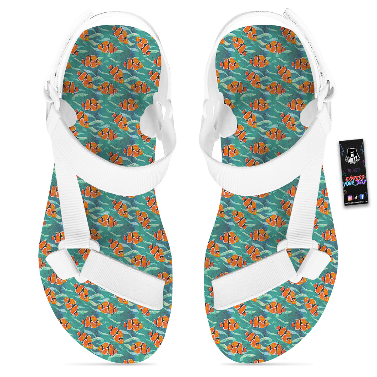 Clownfish Watercolor Blue Print Pattern White Open Toe Sandals-grizzshop