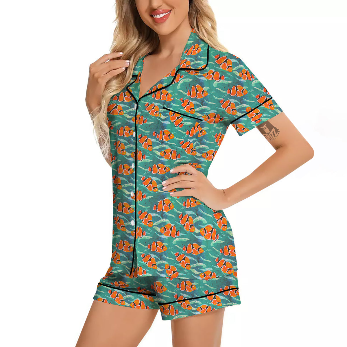 Clownfish Watercolor Blue Print Pattern Women Silk Pajamas-grizzshop