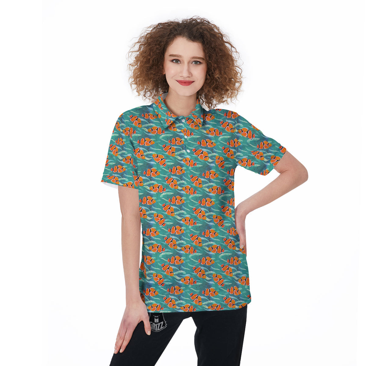 Clownfish Watercolor Blue Print Pattern Women's Golf Shirts-grizzshop