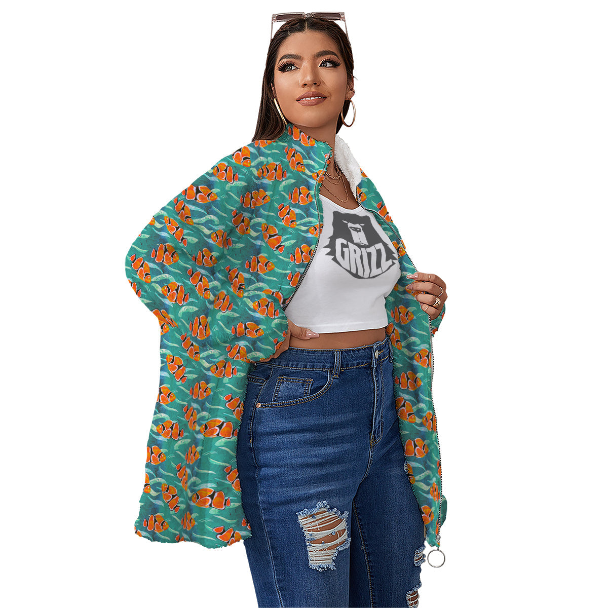 Clownfish Watercolor Blue Print Pattern Women's Sherpa Jacket-grizzshop