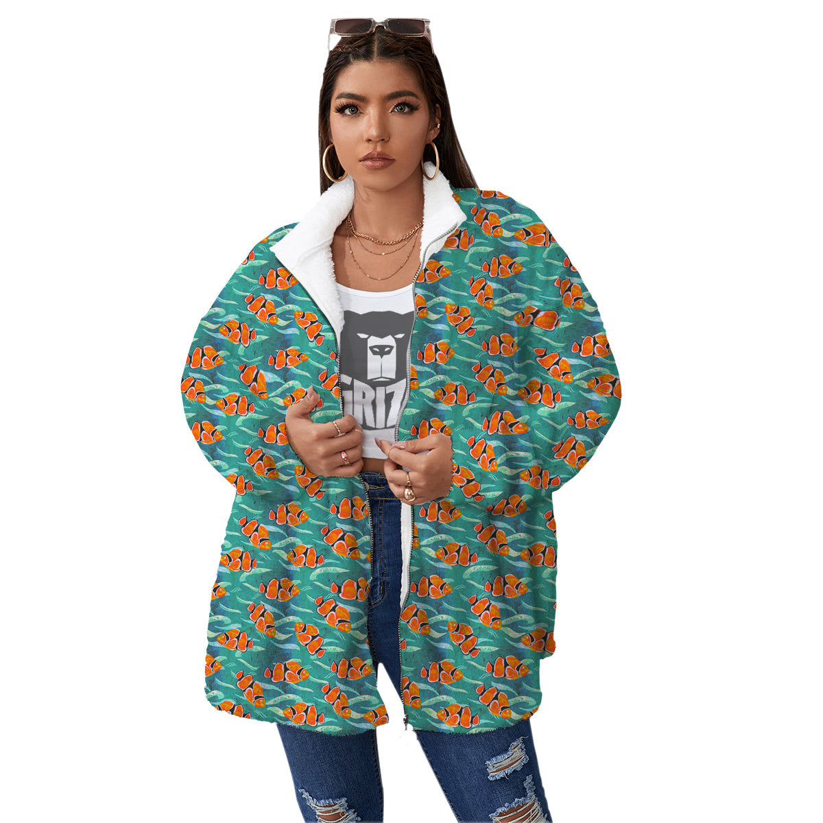 Clownfish Watercolor Blue Print Pattern Women's Sherpa Jacket-grizzshop