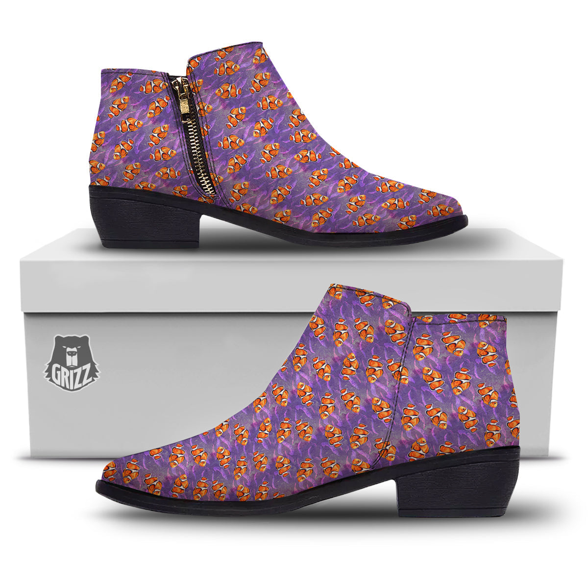 Clownfish Watercolor Purple Print Pattern Ankle Boots-grizzshop