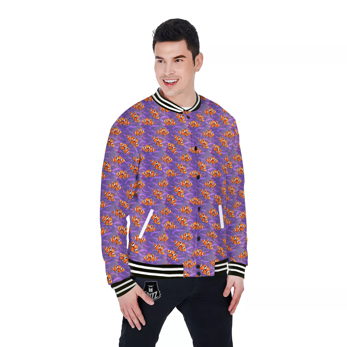 Clownfish Watercolor Purple Print Pattern Baseball Jacket-grizzshop