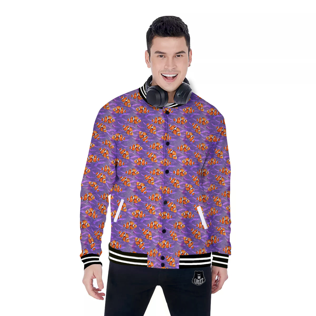 Clownfish Watercolor Purple Print Pattern Baseball Jacket-grizzshop