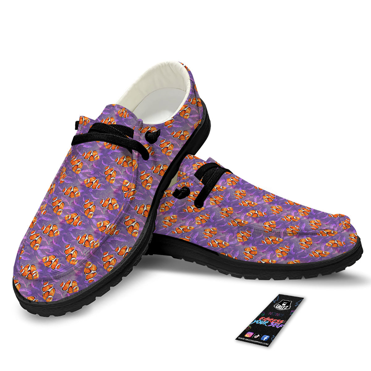 Clownfish Watercolor Purple Print Pattern Black Loafers-grizzshop