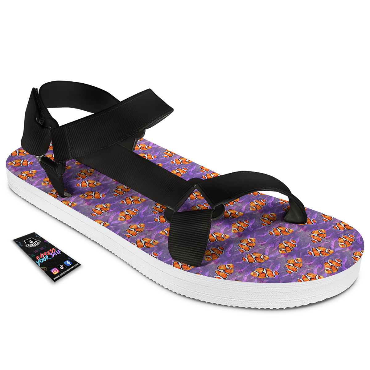 Clownfish Watercolor Purple Print Pattern Black Open Toe Sandals-grizzshop