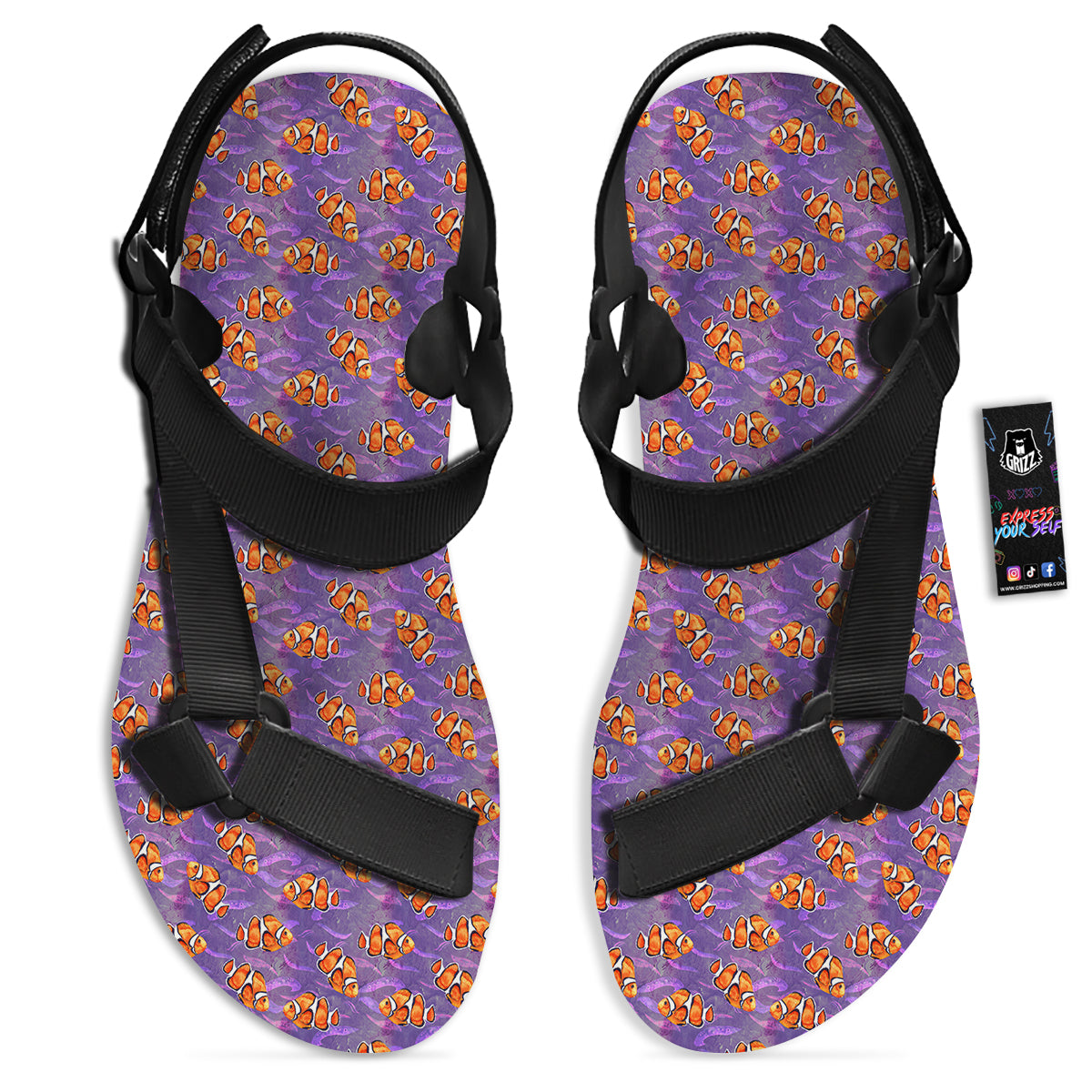 Clownfish Watercolor Purple Print Pattern Black Open Toe Sandals-grizzshop