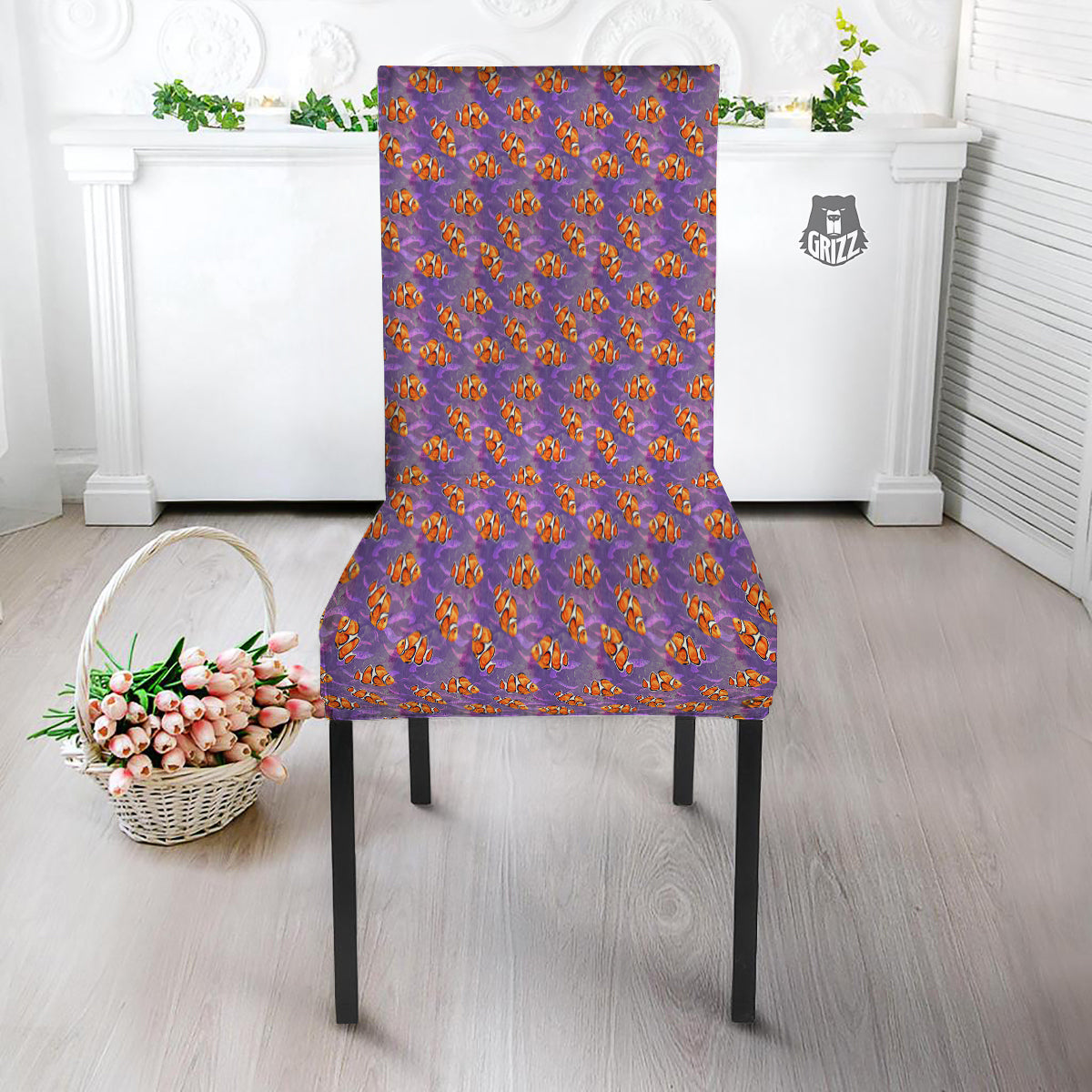 Clownfish Watercolor Purple Print Pattern Dining Chair Slipcover-grizzshop