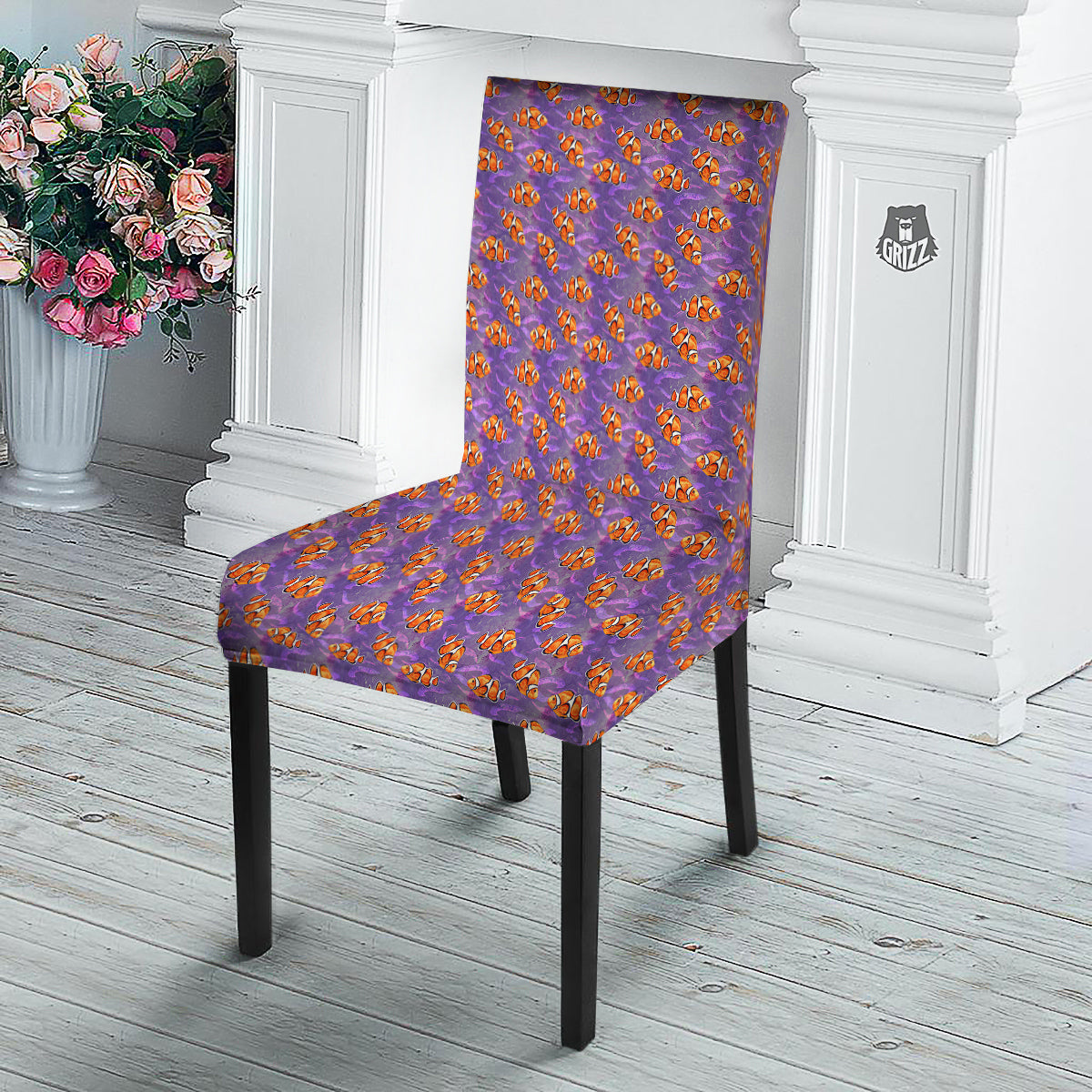 Clownfish Watercolor Purple Print Pattern Dining Chair Slipcover-grizzshop