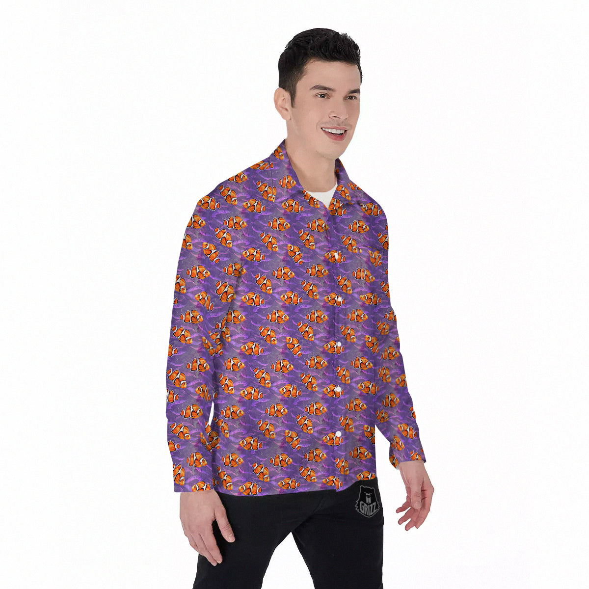 Clownfish Watercolor Purple Print Pattern Men's Long Sleeve Shirts-grizzshop