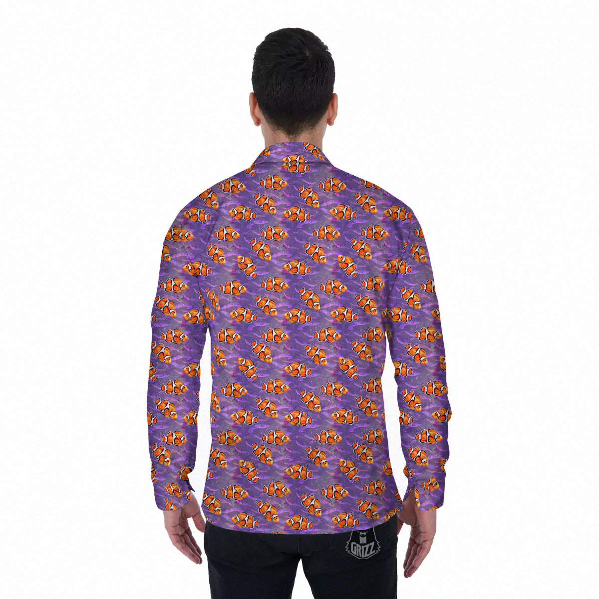 Clownfish Watercolor Purple Print Pattern Men's Long Sleeve Shirts-grizzshop