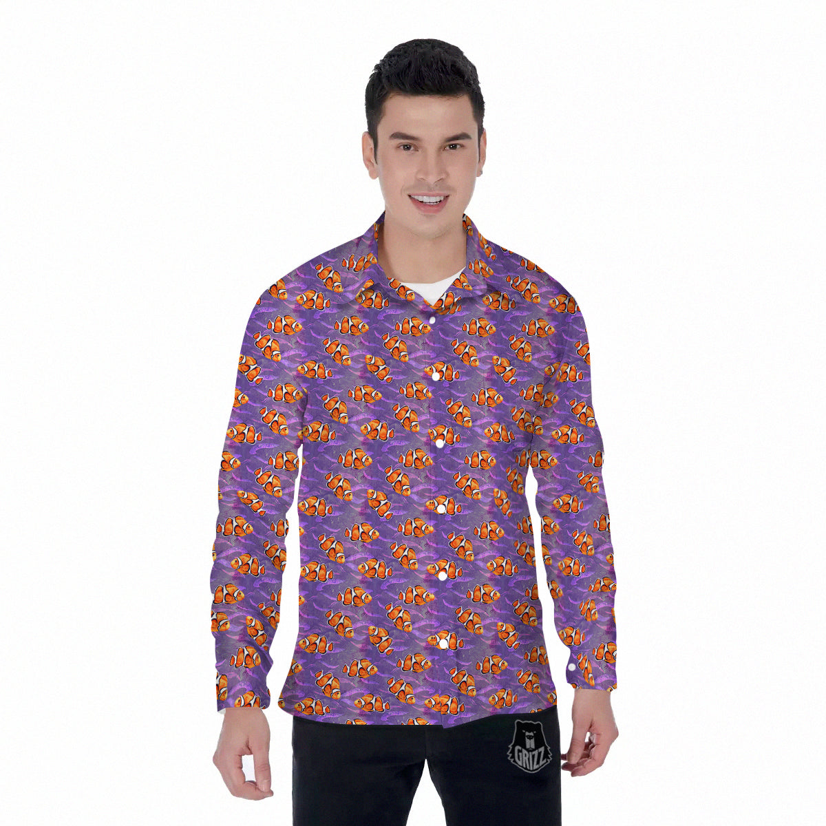 Clownfish Watercolor Purple Print Pattern Men's Long Sleeve Shirts-grizzshop