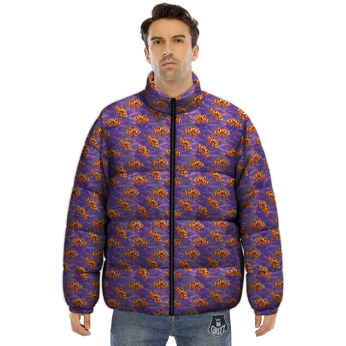Clownfish Watercolor Purple Print Pattern Puffer Jacket-grizzshop