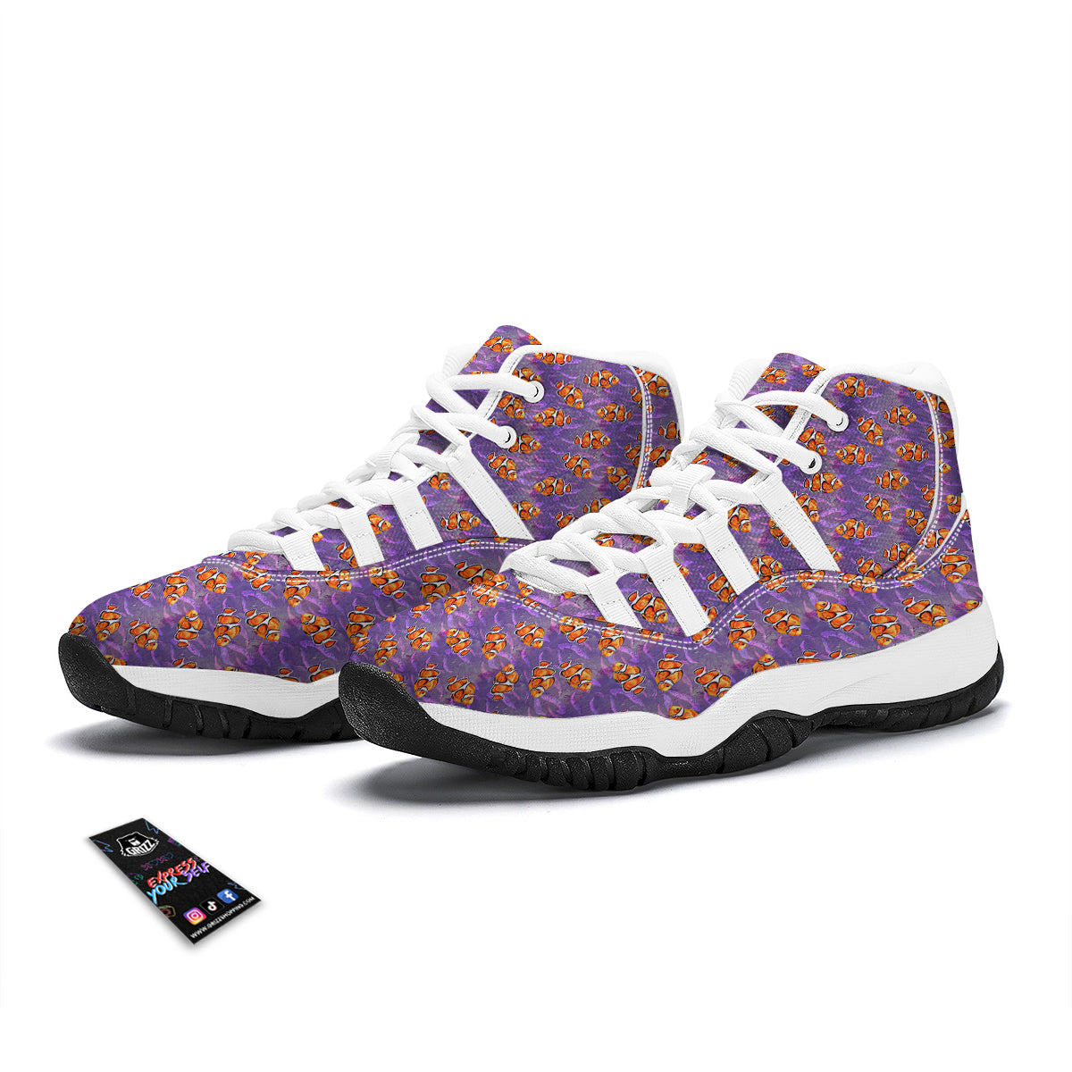 Clownfish Watercolor Purple Print Pattern White Bball Shoes-grizzshop