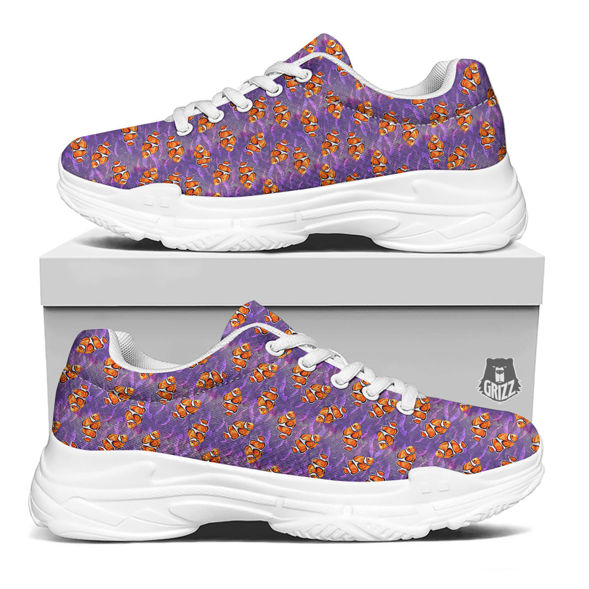Clownfish Watercolor Purple Print Pattern White Chunky Shoes-grizzshop