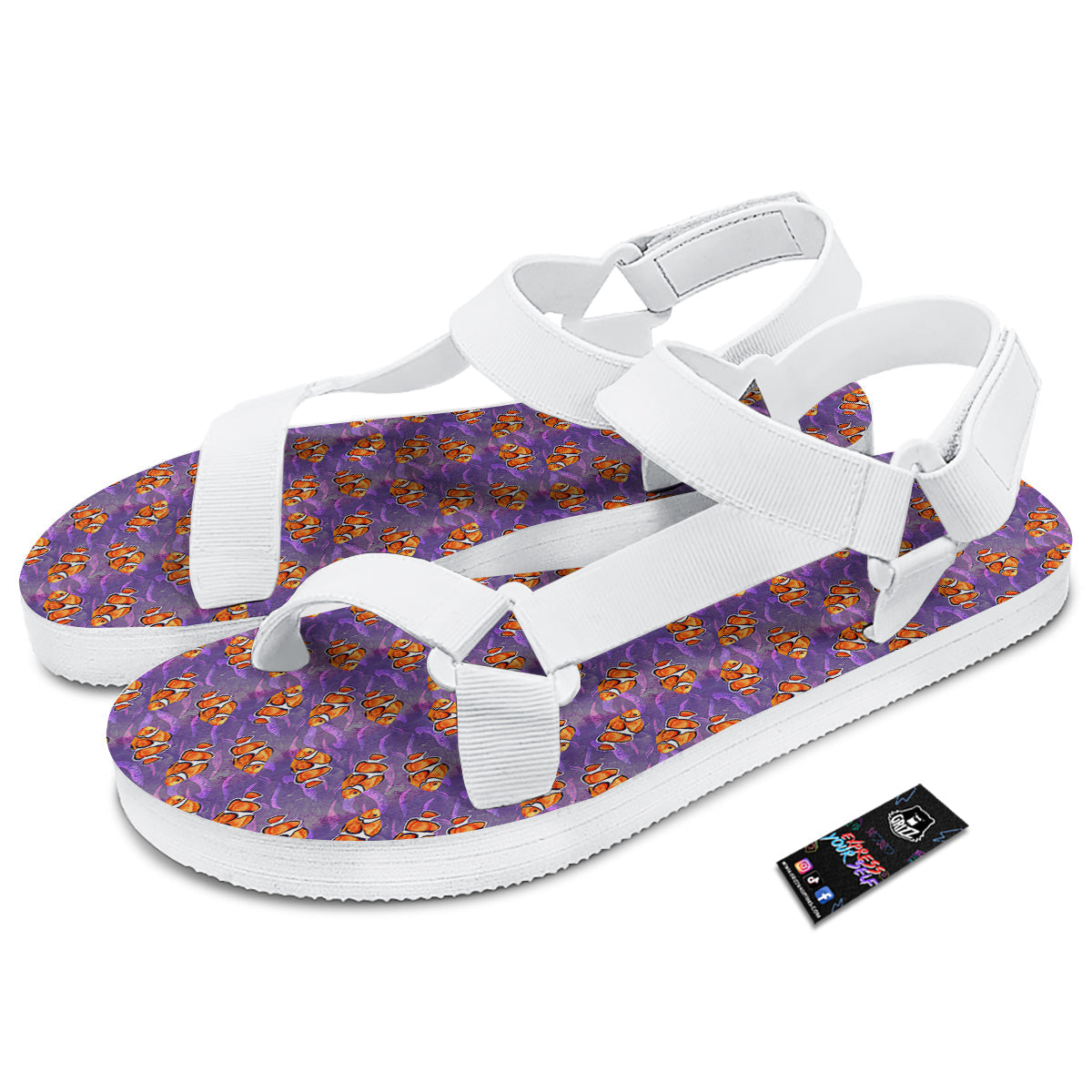 Clownfish Watercolor Purple Print Pattern White Open Toe Sandals-grizzshop