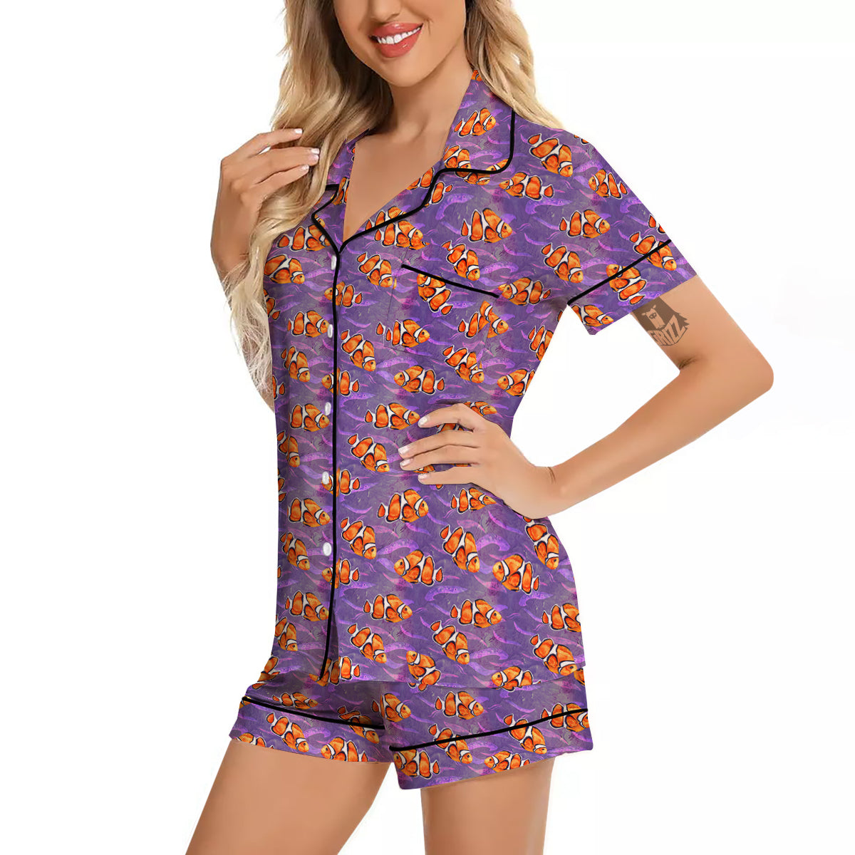Clownfish Watercolor Purple Print Pattern Women Silk Pajamas-grizzshop