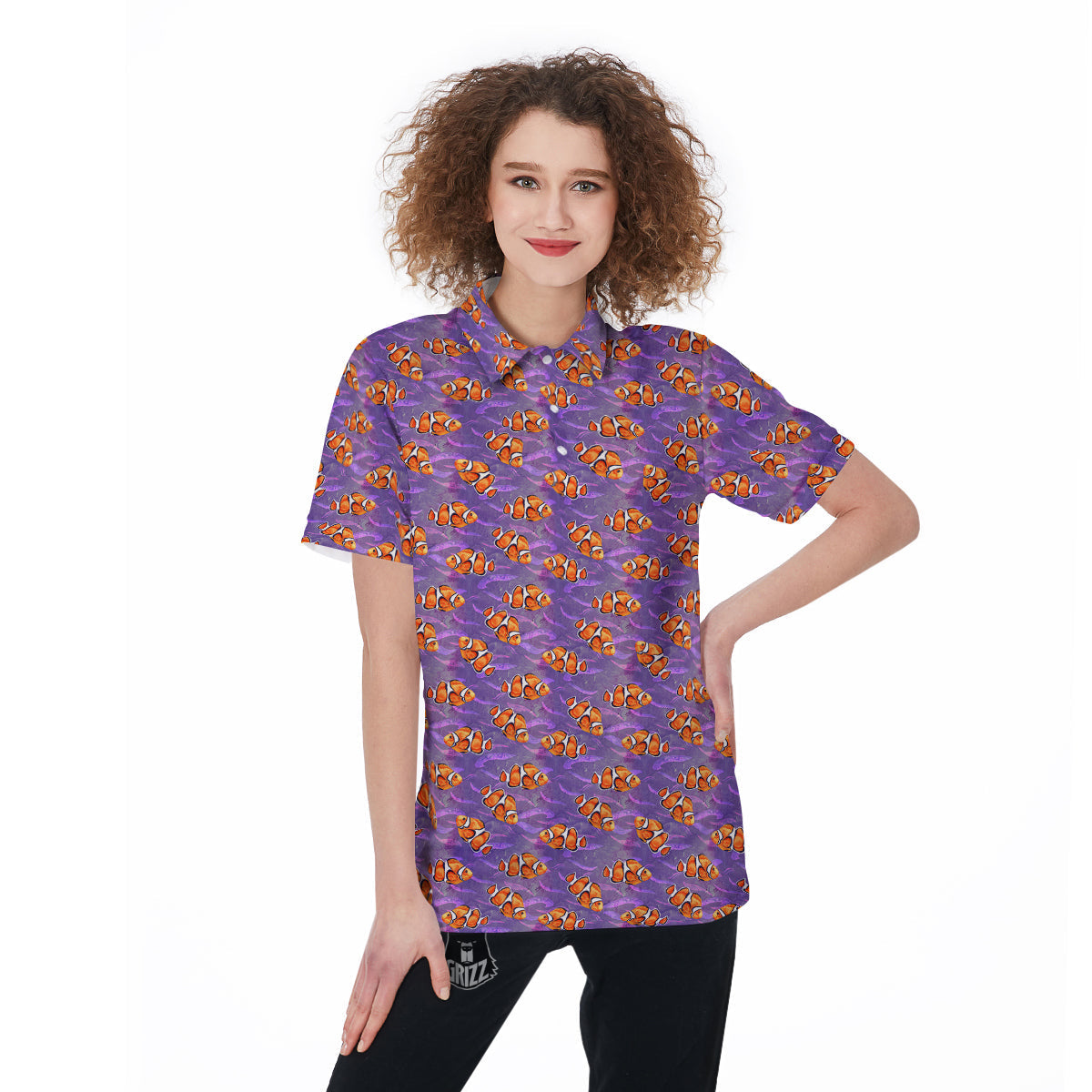Clownfish Watercolor Purple Print Pattern Women's Golf Shirts-grizzshop
