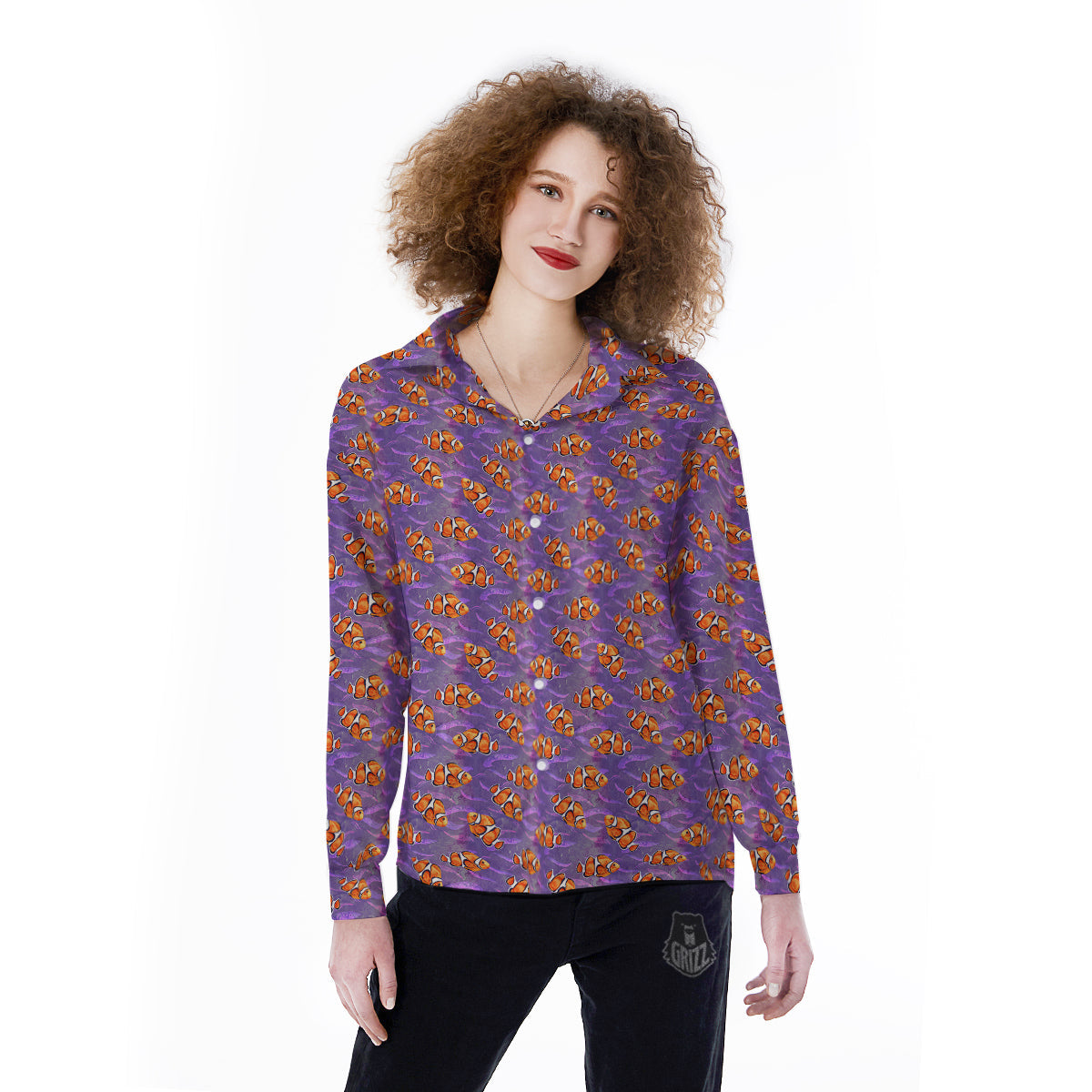 Clownfish Watercolor Purple Print Pattern Women's Long Sleeve Shirts-grizzshop