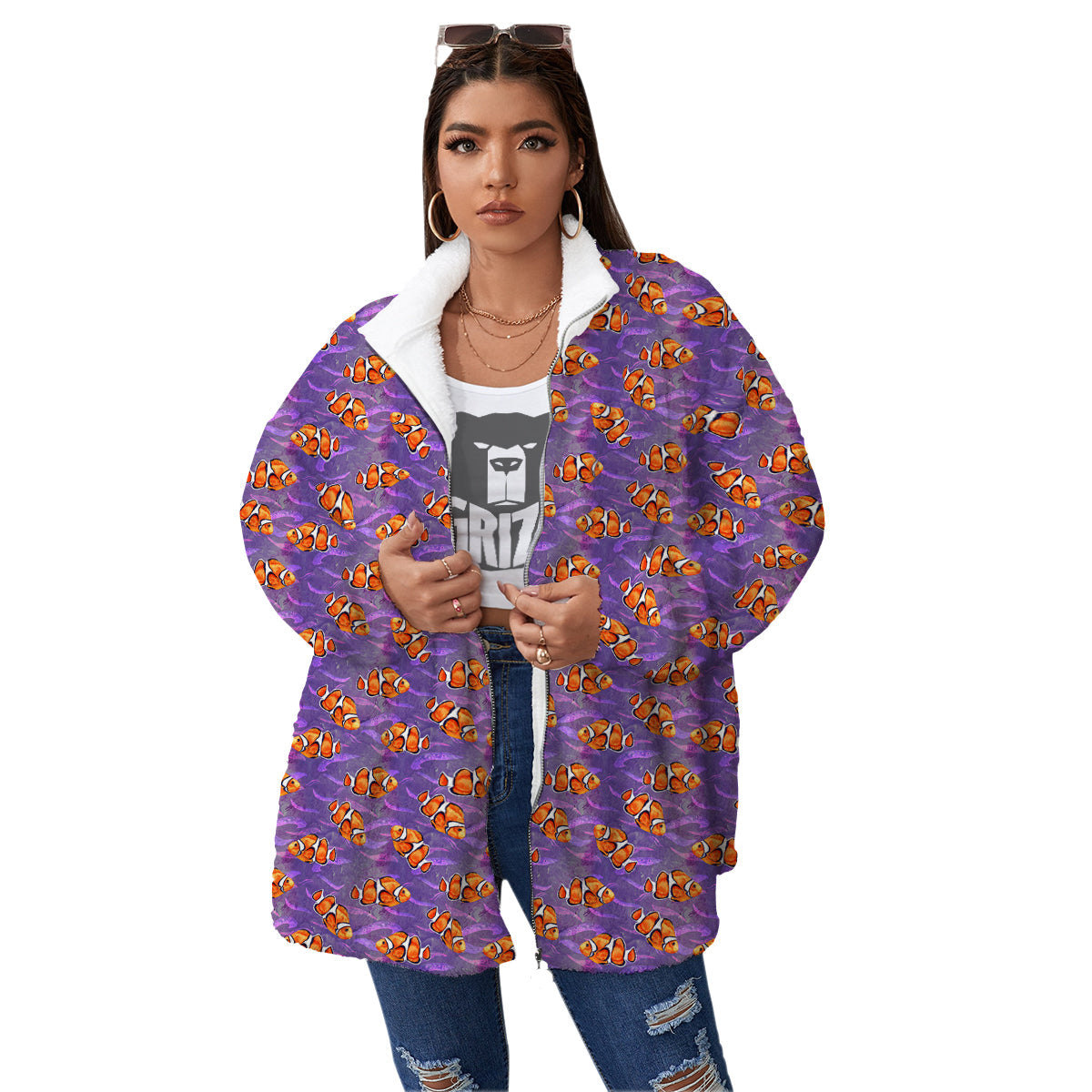 Clownfish Watercolor Purple Print Pattern Women's Sherpa Jacket-grizzshop