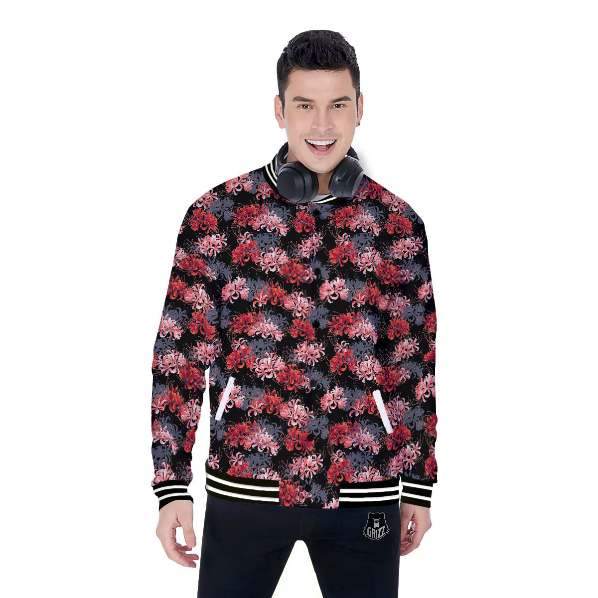 Cluster Amaryllis Japanese Print Pattern Baseball Jacket-grizzshop