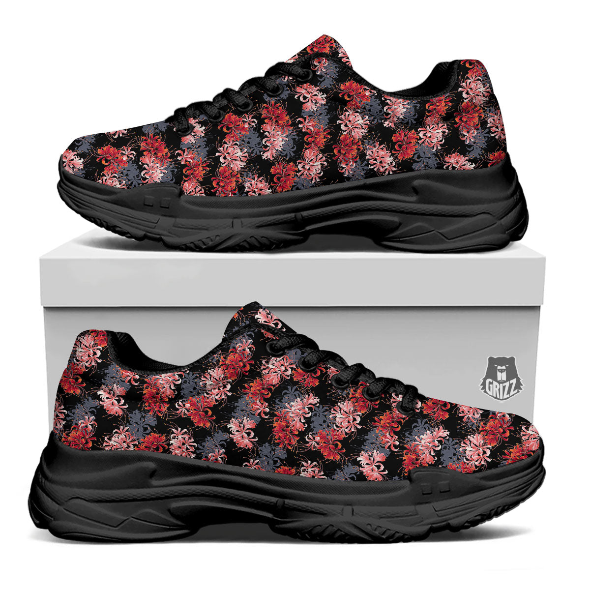 Cluster Amaryllis Japanese Print Pattern Black Chunky Shoes-grizzshop