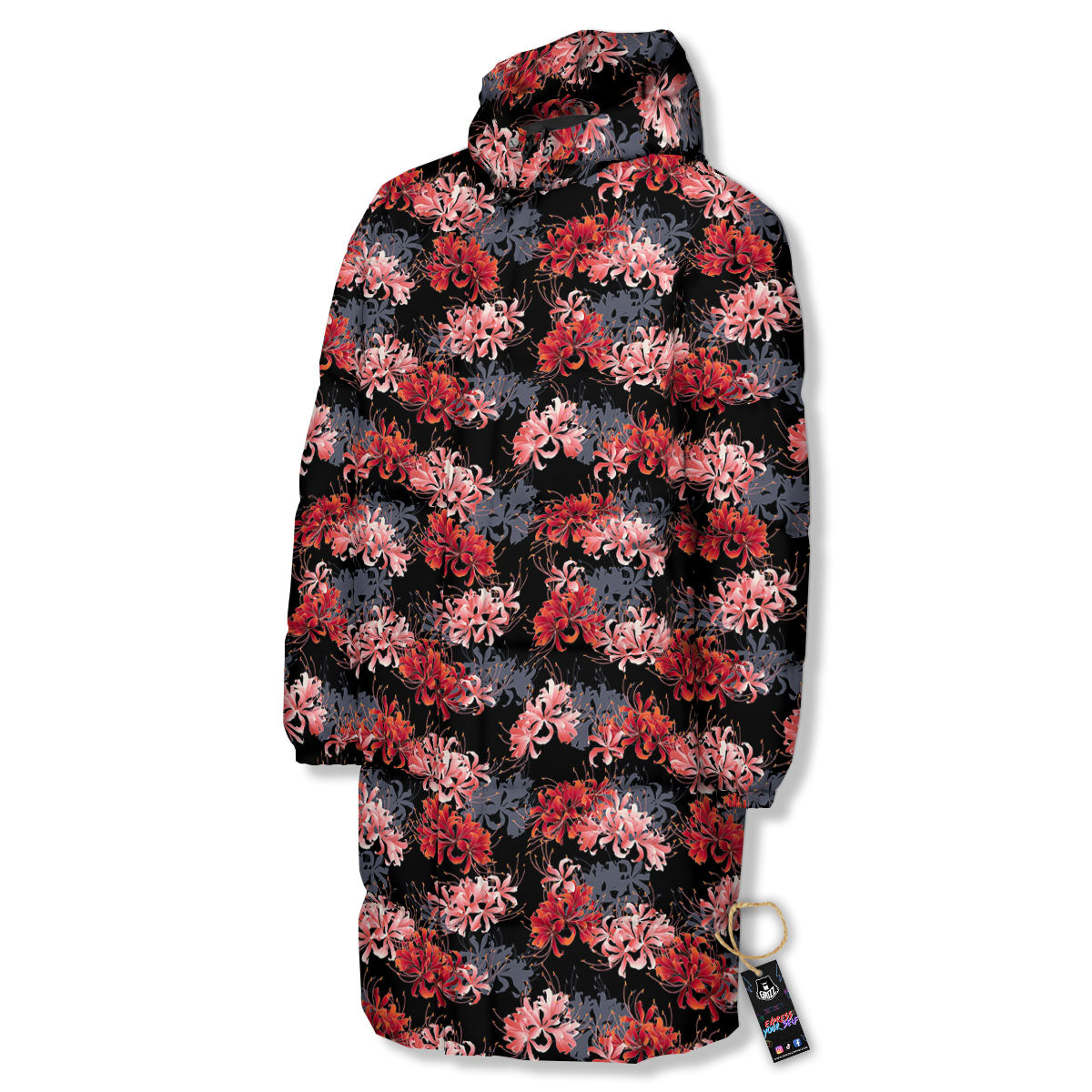 Cluster Amaryllis Japanese Print Pattern Long Down Jacket-grizzshop