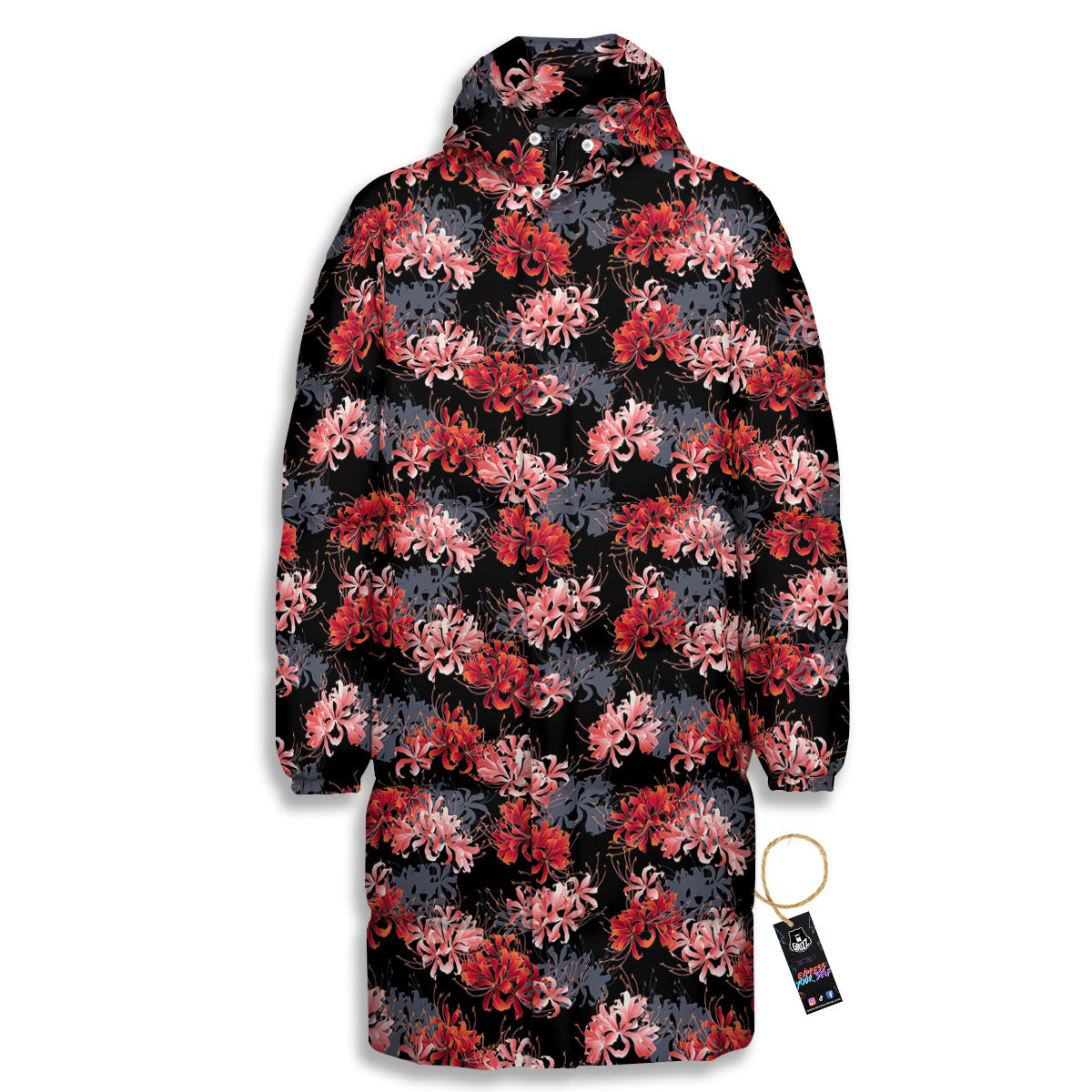 Cluster Amaryllis Japanese Print Pattern Long Down Jacket-grizzshop