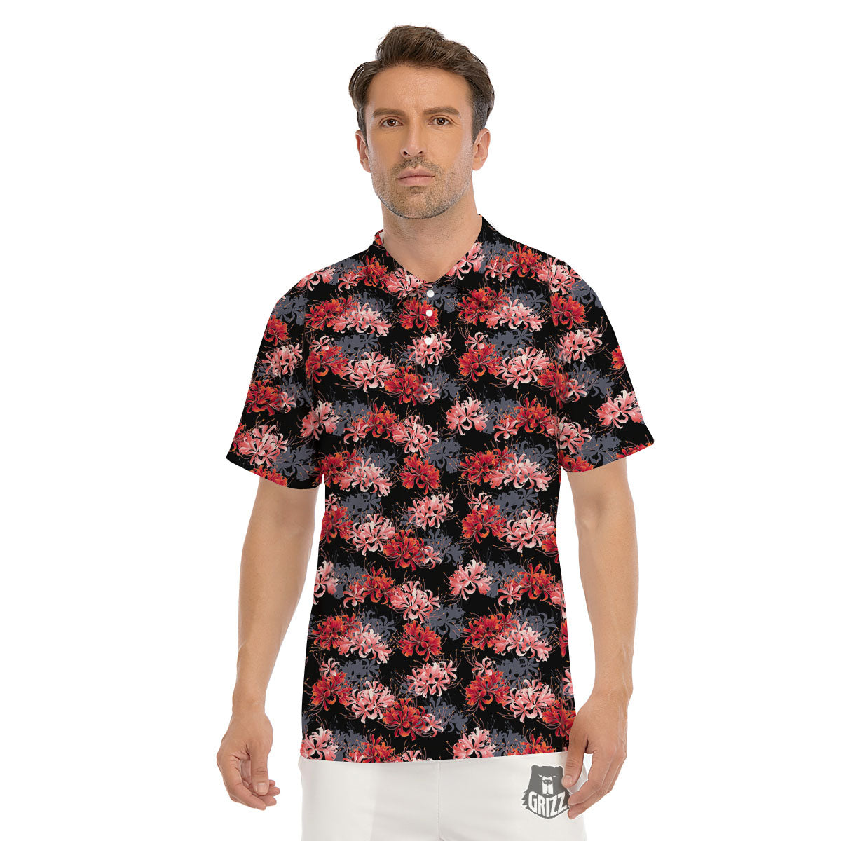 Cluster Amaryllis Japanese Print Pattern Men's Golf Shirts-grizzshop