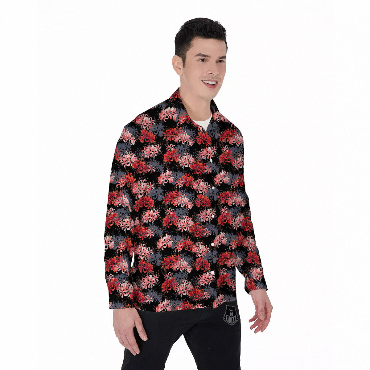 Cluster Amaryllis Japanese Print Pattern Men's Long Sleeve Shirts-grizzshop
