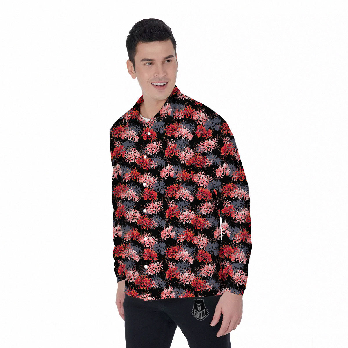 Cluster Amaryllis Japanese Print Pattern Men's Long Sleeve Shirts-grizzshop