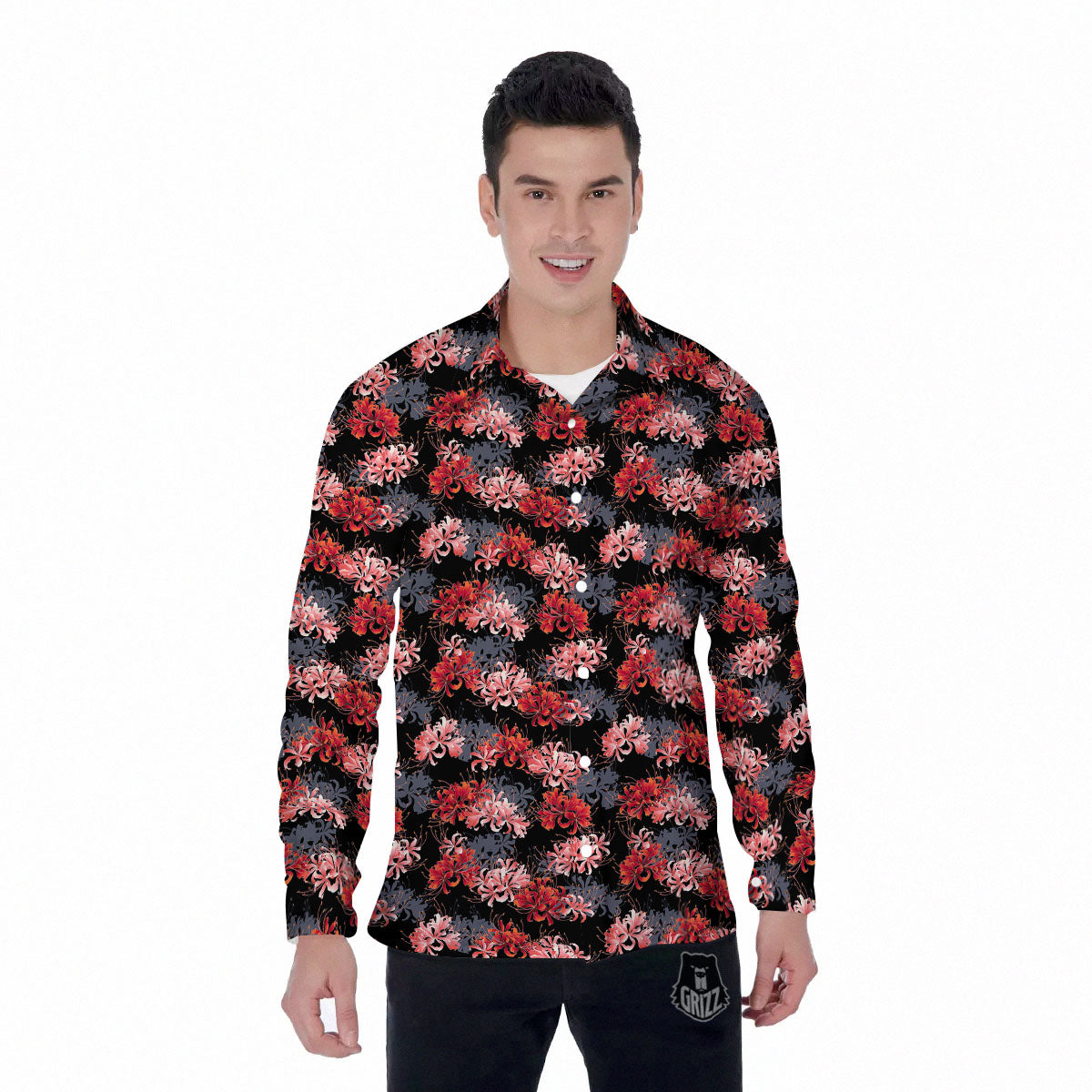 Cluster Amaryllis Japanese Print Pattern Men's Long Sleeve Shirts-grizzshop