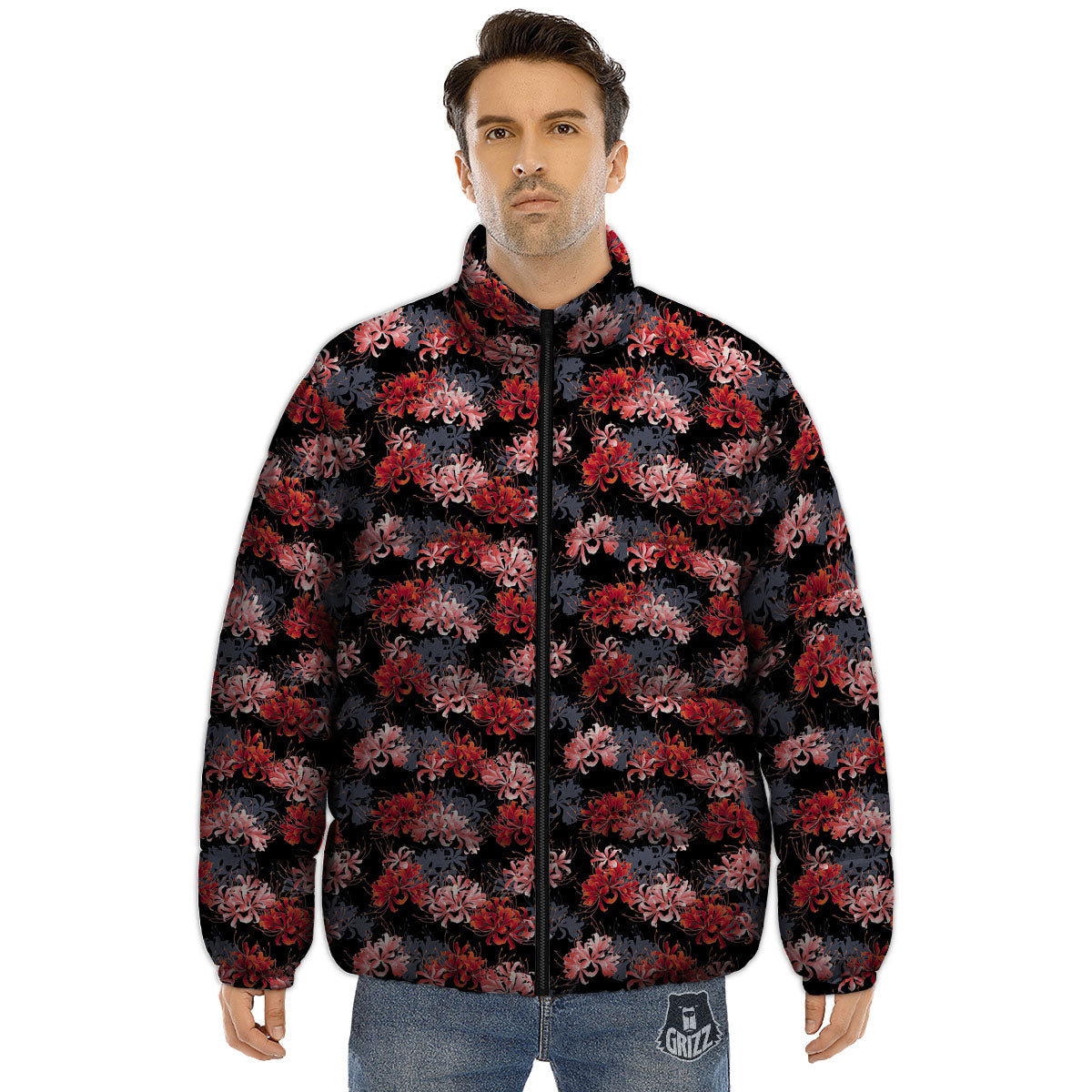 Cluster Amaryllis Japanese Print Pattern Puffer Jacket-grizzshop