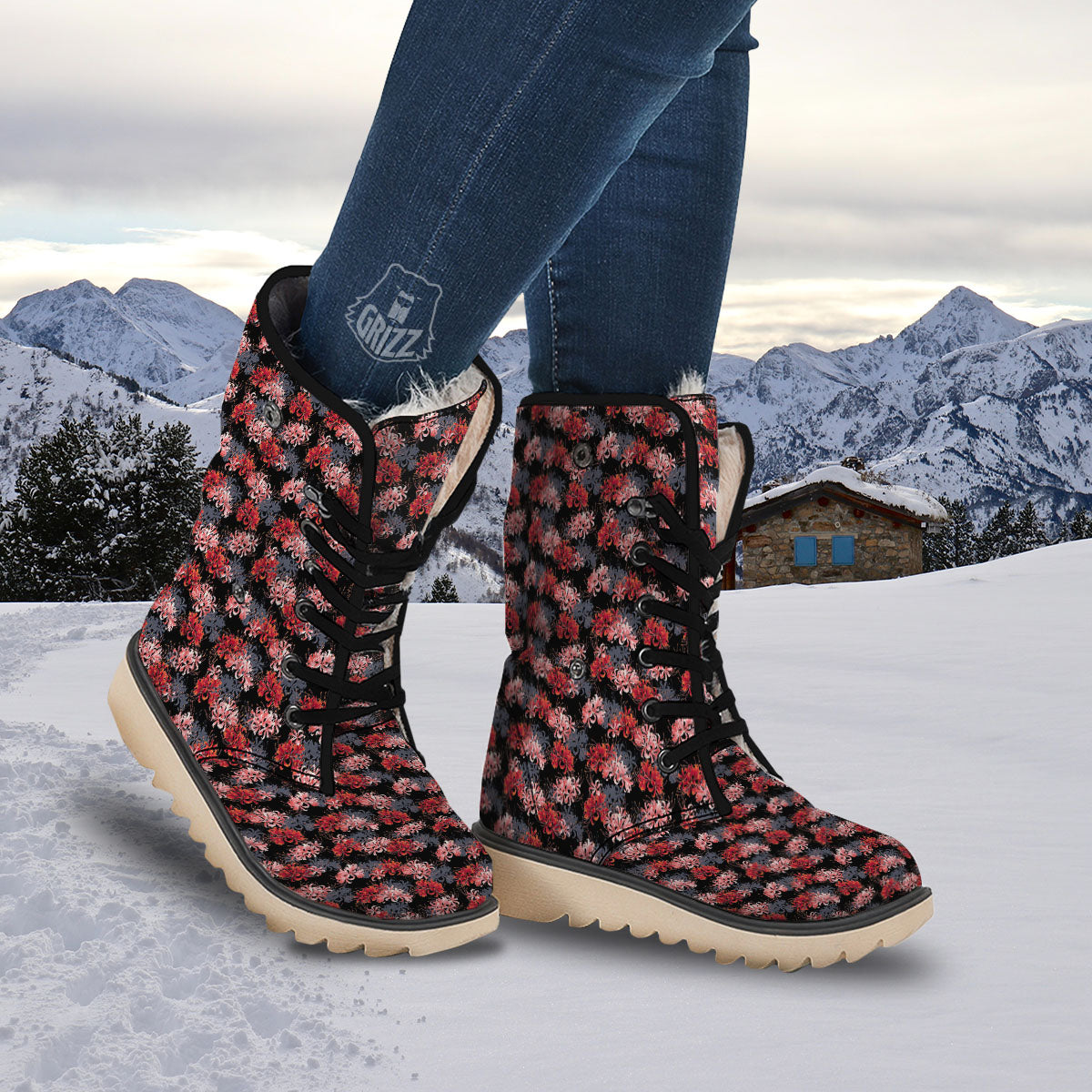 Cluster Amaryllis Japanese Print Pattern Snow Boots-grizzshop