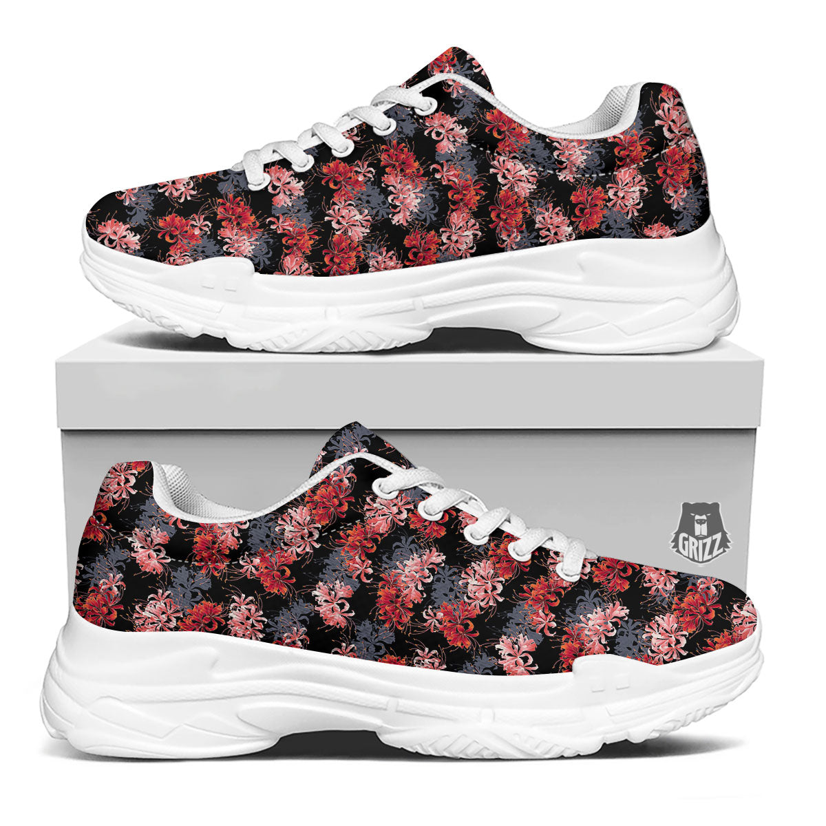 Cluster Amaryllis Japanese Print Pattern White Chunky Shoes-grizzshop