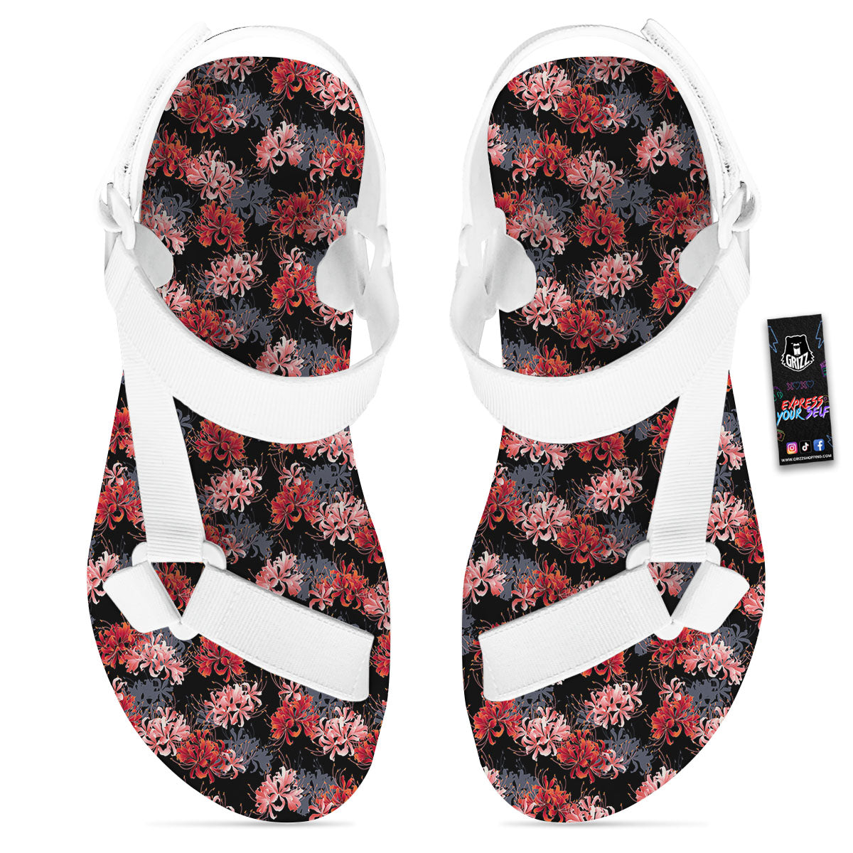 Cluster Amaryllis Japanese Print Pattern White Open Toe Sandals-grizzshop
