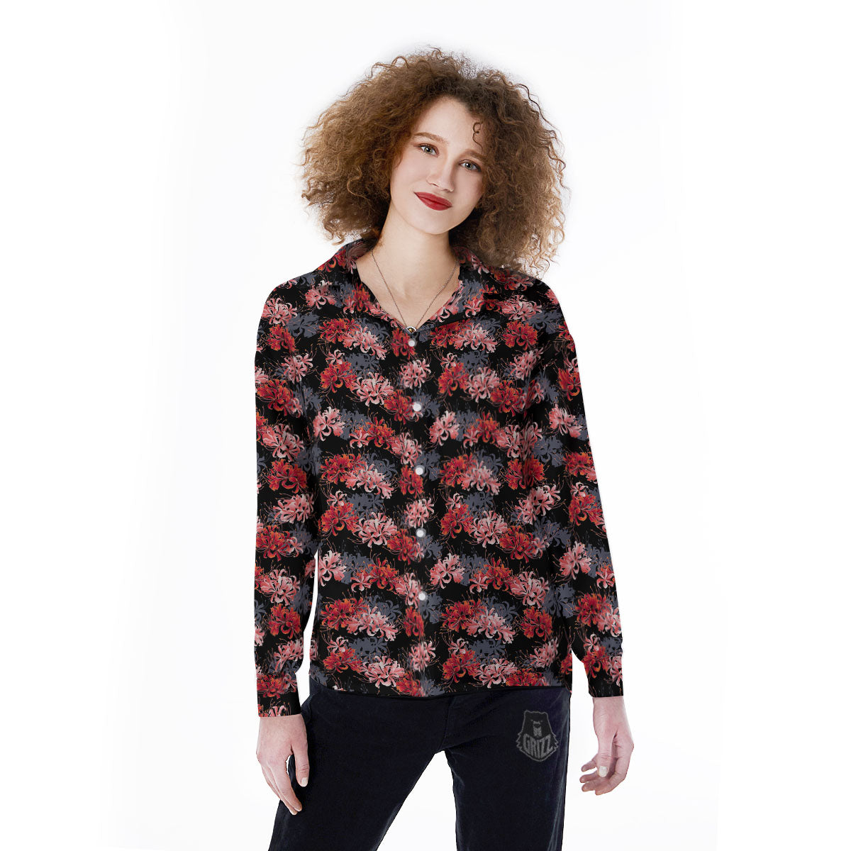 Cluster Amaryllis Japanese Print Pattern Women's Long Sleeve Shirts-grizzshop