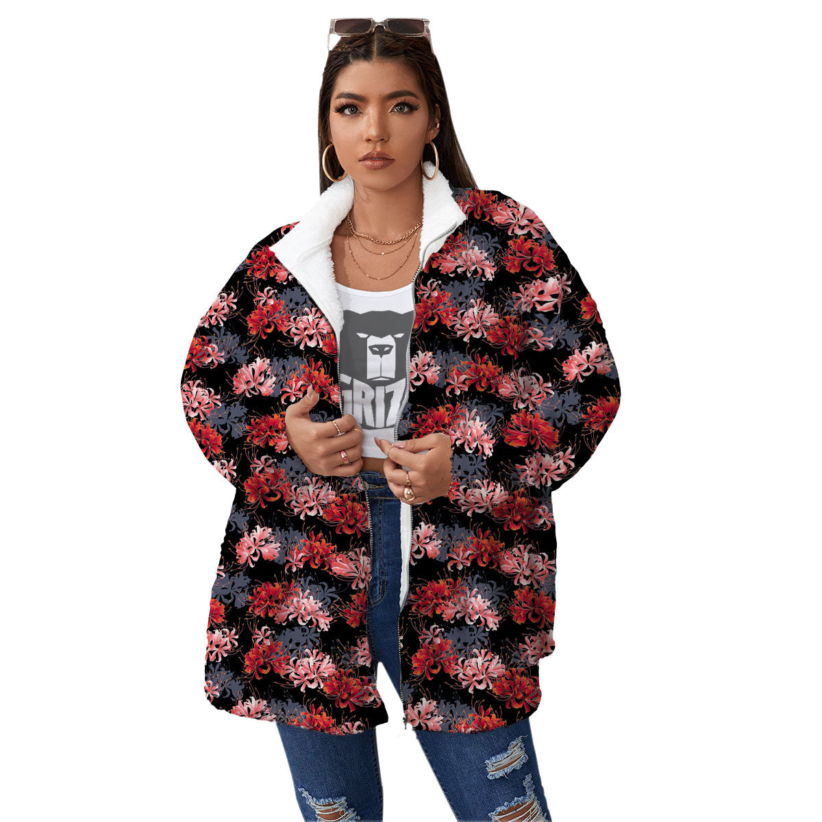 Cluster Amaryllis Japanese Print Pattern Women's Sherpa Jacket-grizzshop